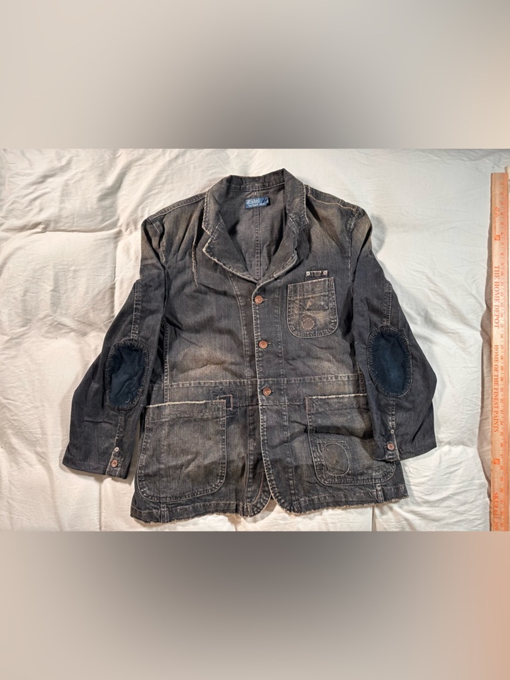 Polo Ralph Lauren Black Denim Distressed Y2K Utility Jacket Retro Elbow Patch XL